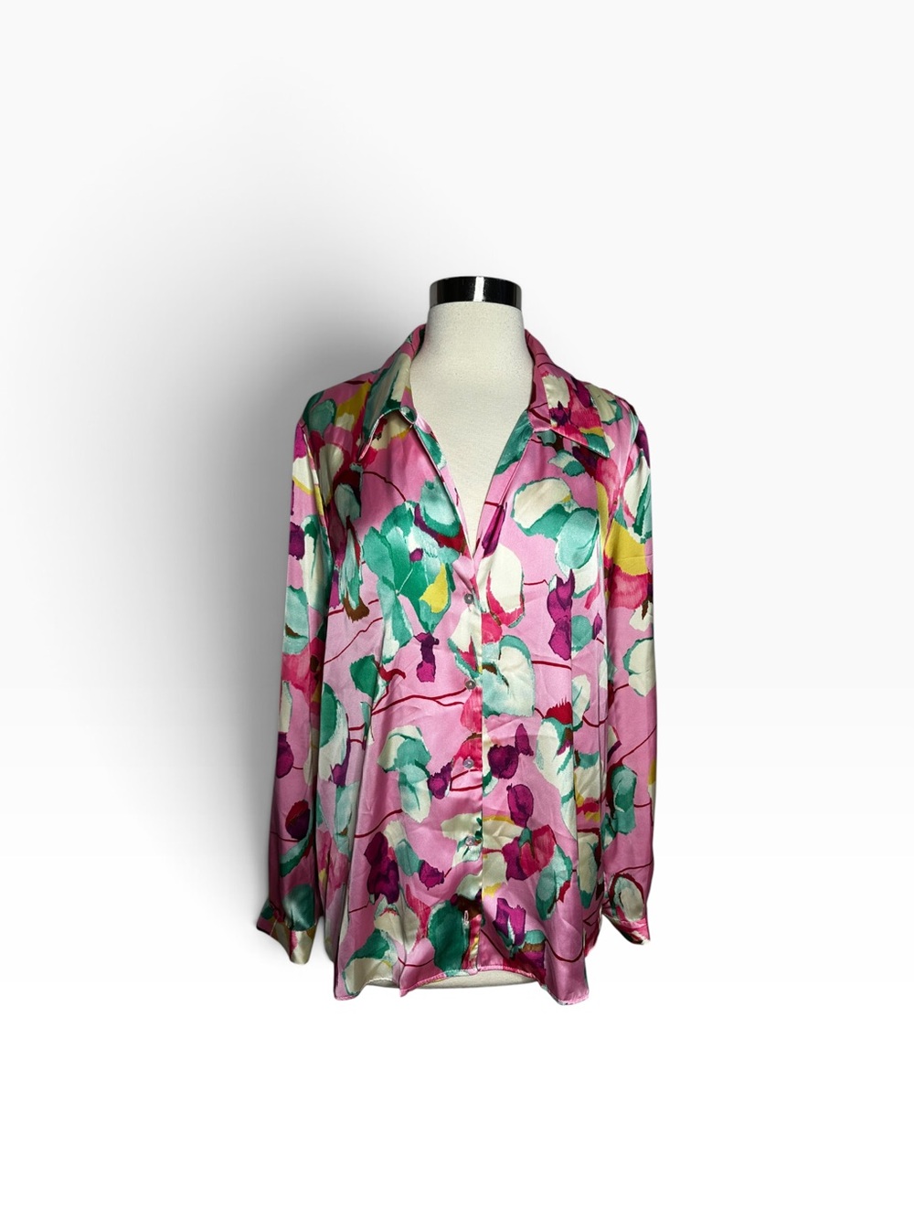 Zara Printed Satin Floral Button Down Blouse Pink Green Watercolor Size L